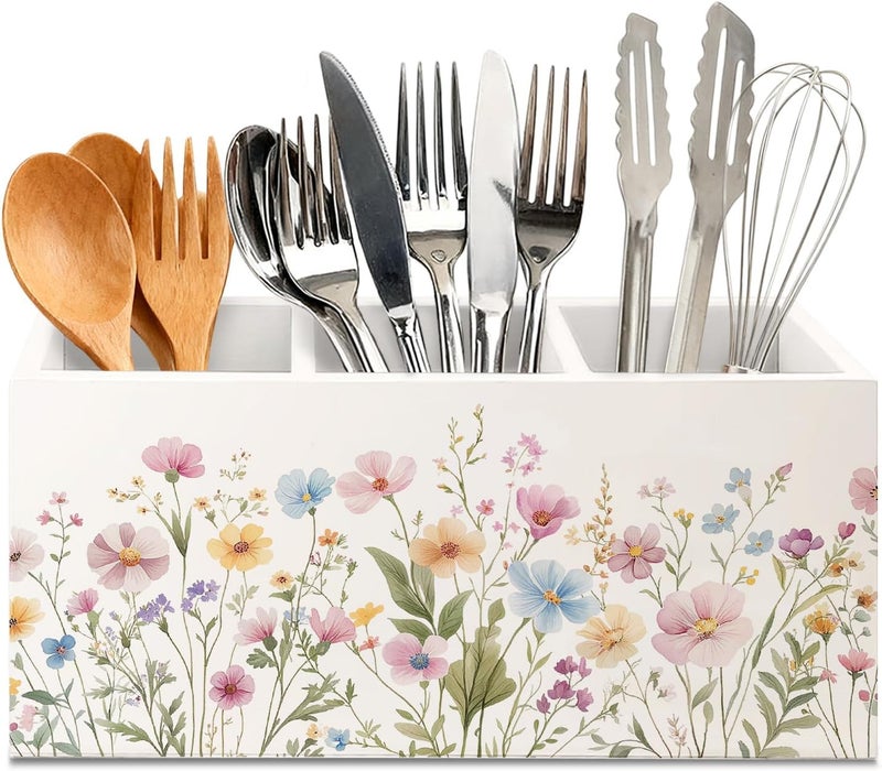 KBRCT Rustic Wildflower Wooden Utensils Holder, Watercolor Nature Wild Flower Botanical Wood Cooking Utensil Holder Organizer for Kitchen Countertop Counter Decor - Image 1